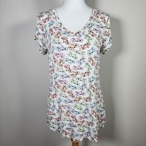 Cupio Bicycle Shirt Womens Large Bike‎ All Over Print Graphic Tee V Neck Stretch